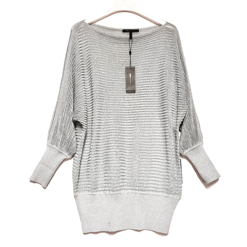 BCBG Max Azria Metallic Sweater Womens M Silver Party Dolman Sheer Retro Disco - Picture 3 of 16